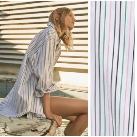 Zara White Striped Cotton Oversized Blouse/Shirt. Size s - Picture 5 of 10